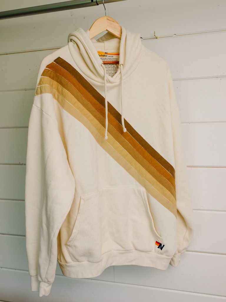 Aviator Nation Vintage White Tan 5 Stripe Relaxed Pullover Hoodie Xl